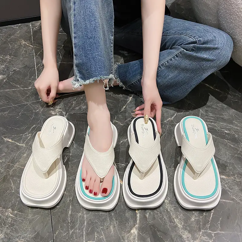 Women's White Blue Thick Strap Flip Flops Summer - Image 4