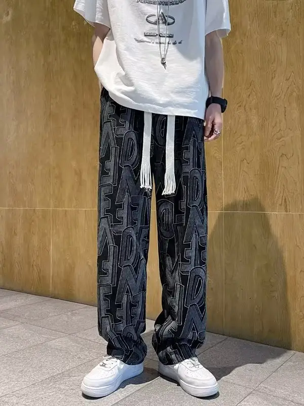 Men's Harajuku Style Wide Leg Pants with Print & Drawstring Waist