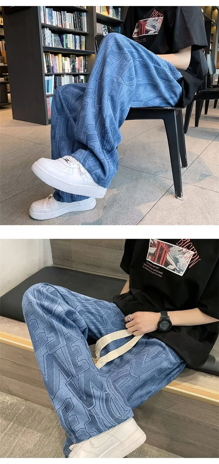 Men's Harajuku Style Wide Leg Pants with Print & Drawstring Waist — feature 12