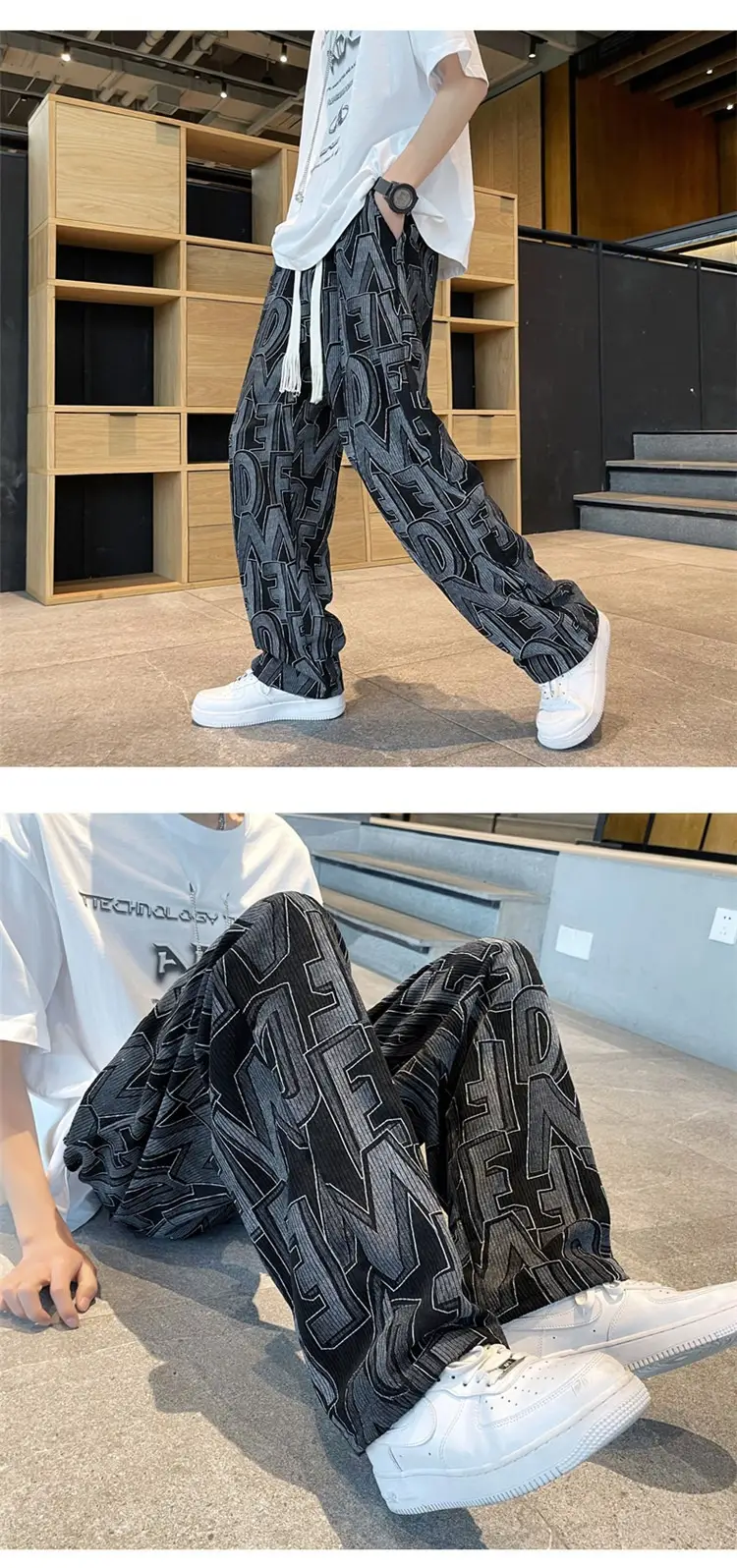 Men's Harajuku Style Wide Leg Pants with Print & Drawstring Waist — feature 17