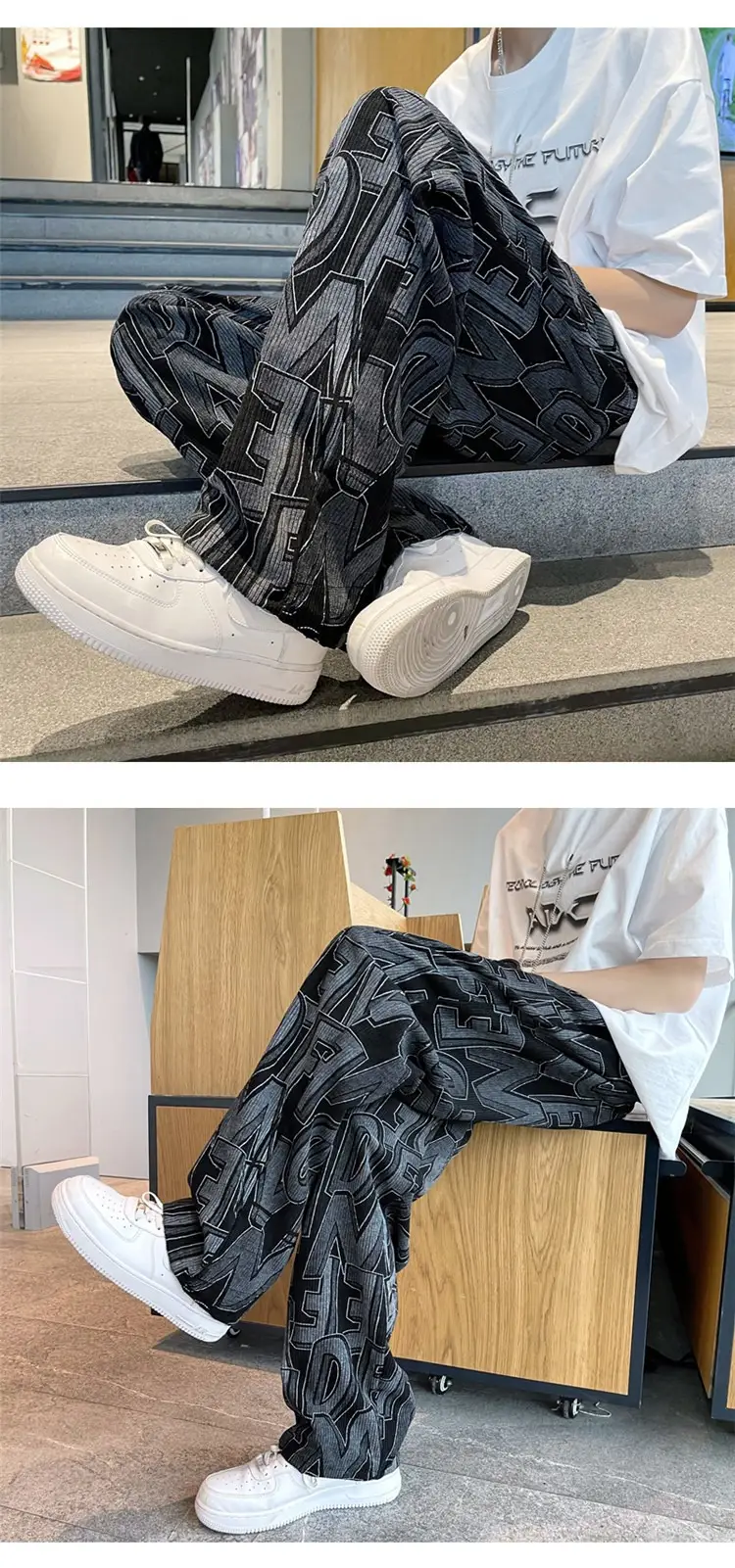Men's Harajuku Style Wide Leg Pants with Print & Drawstring Waist — feature 18