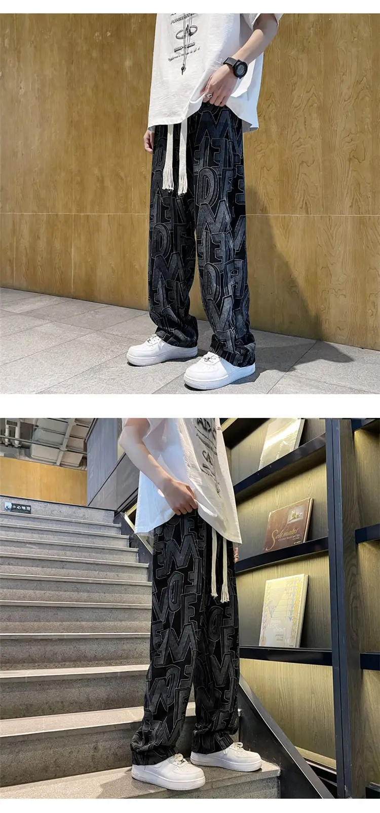 Men's Harajuku Style Wide Leg Pants with Print & Drawstring Waist — feature 20