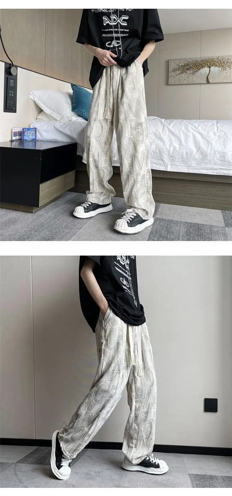 Men's Harajuku Style Wide Leg Pants with Print & Drawstring Waist — feature 6