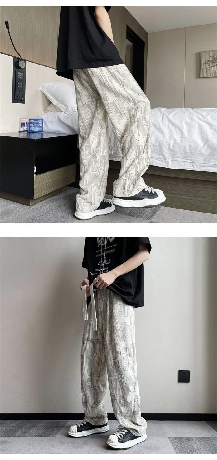 Men's Harajuku Style Wide Leg Pants with Print & Drawstring Waist — feature 7
