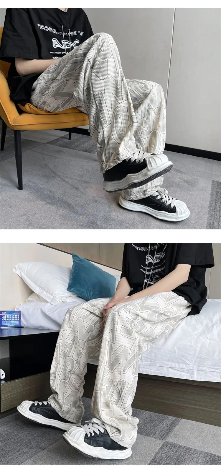Men's Harajuku Style Wide Leg Pants with Print & Drawstring Waist — feature 8