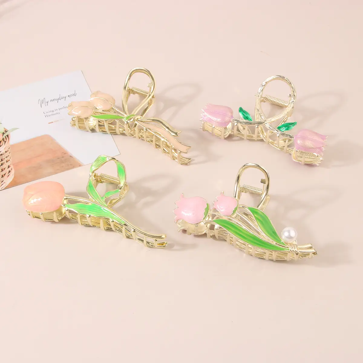 Guanyang Alloy Tulip Hair Clip with Pearl & Green Accents - Image 10