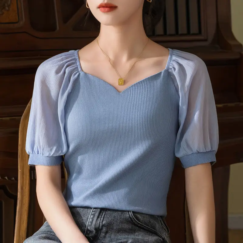 White French Collar Chiffon T-Shirt for Women Summer 2024 - Image 4