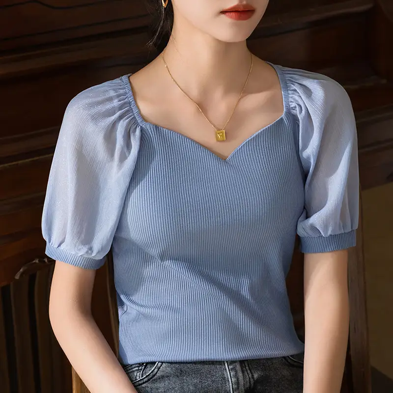 White French Collar Chiffon T-Shirt for Women Summer 2024 - Image 7