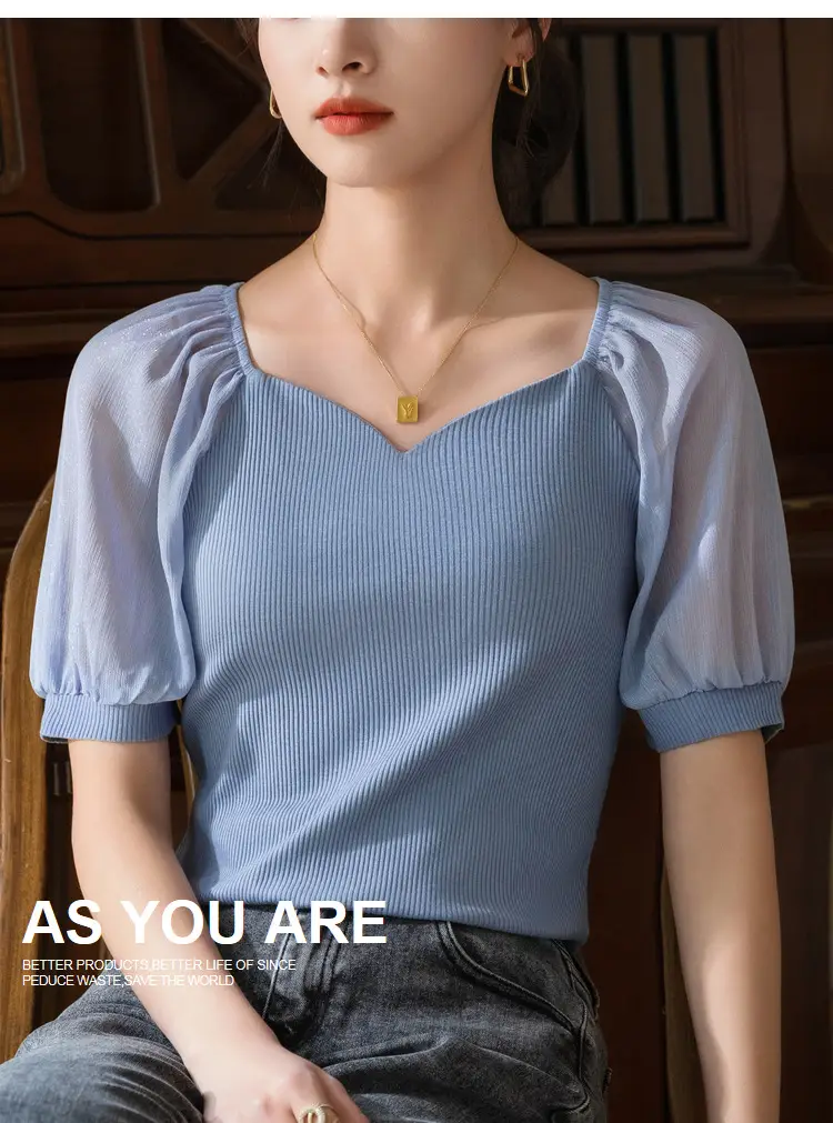 White French Collar Chiffon T-Shirt for Women Summer 2024 — feature 13