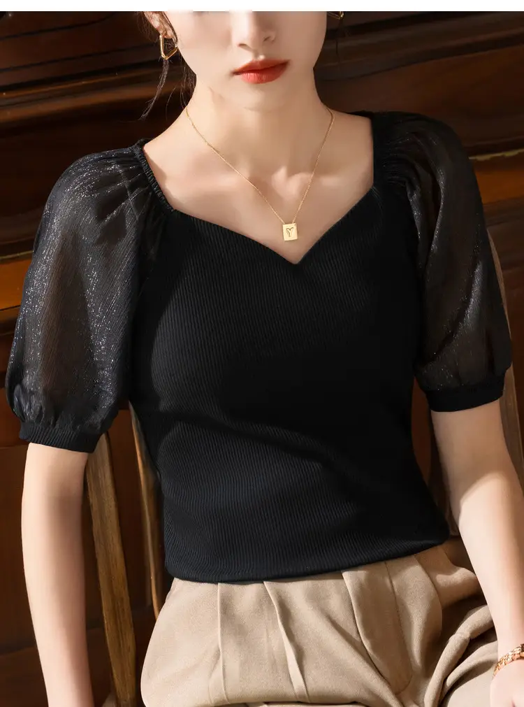 White French Collar Chiffon T-Shirt for Women Summer 2024 — feature 19