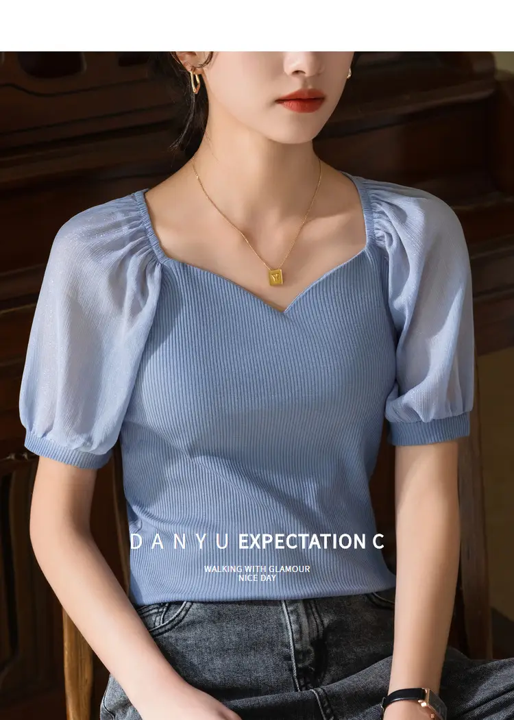 White French Collar Chiffon T-Shirt for Women Summer 2024 — feature 3