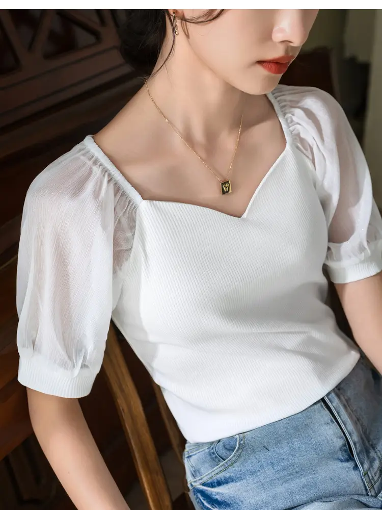 White French Collar Chiffon T-Shirt for Women Summer 2024 — feature 4
