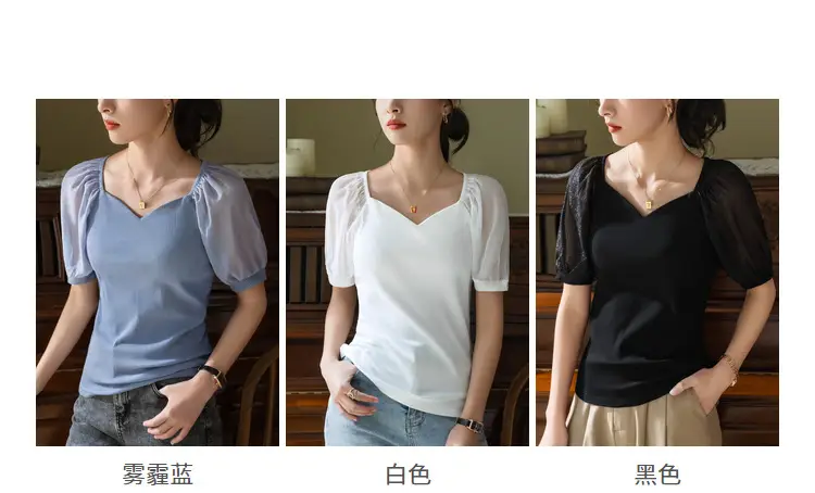 White French Collar Chiffon T-Shirt for Women Summer 2024 — feature 6