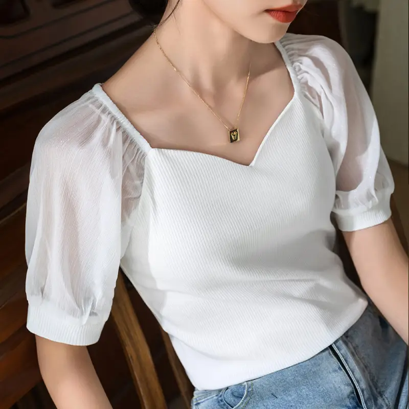 White French Collar Chiffon T-Shirt for Women Summer 2024 - Image 2