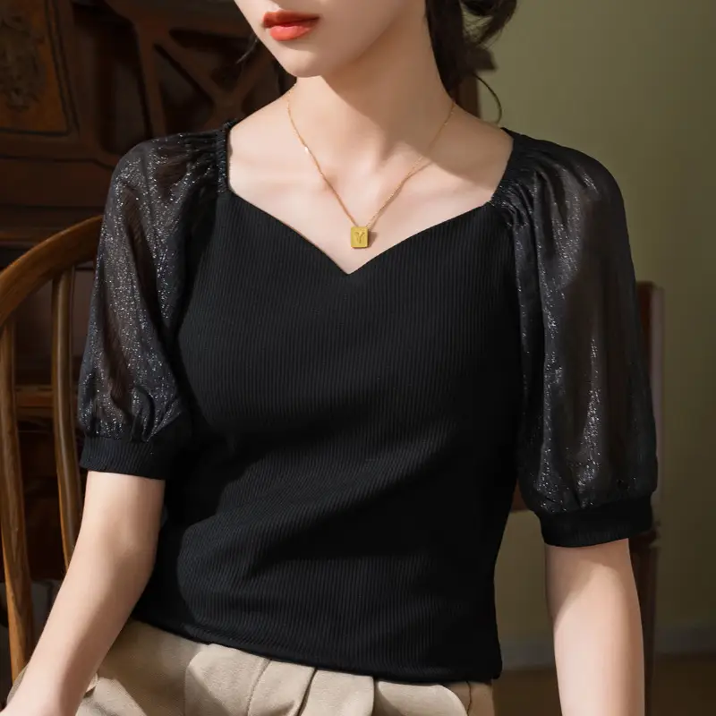 White French Collar Chiffon T-Shirt for Women Summer 2024 - Image 3