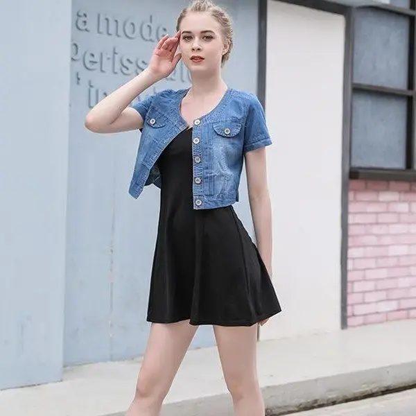 Sweet Denim Short Sleeve Coat for Women — feature 11