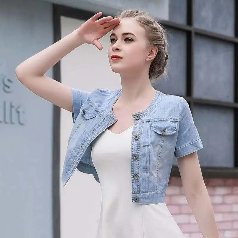 Sweet Denim Short Sleeve Coat for Women — feature 12