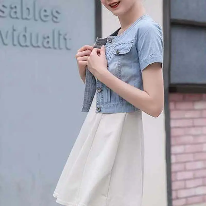 Sweet Denim Short Sleeve Coat for Women — feature 14