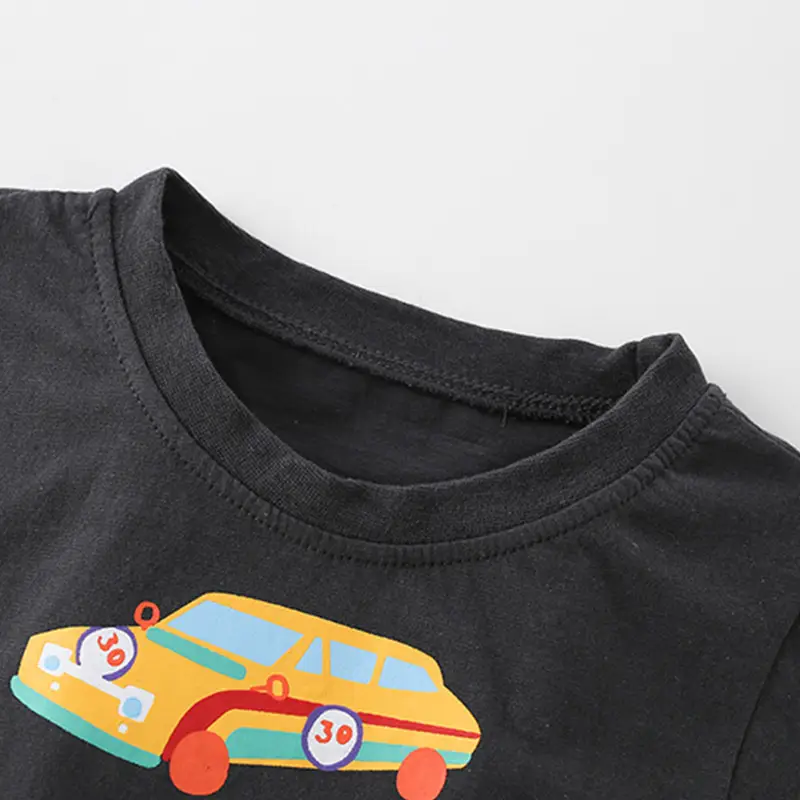 Kids Cotton T-Shirt Black Cartoon Car Round Neck - Image 2