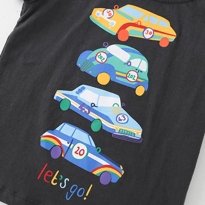 Kids Cotton T-Shirt Black Cartoon Car Round Neck - Image 3