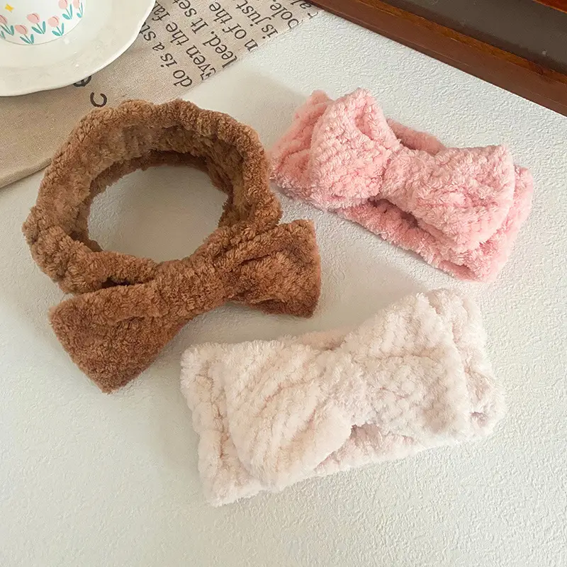 Pink Bow Headband for Women Soft Plush Hair Accessory