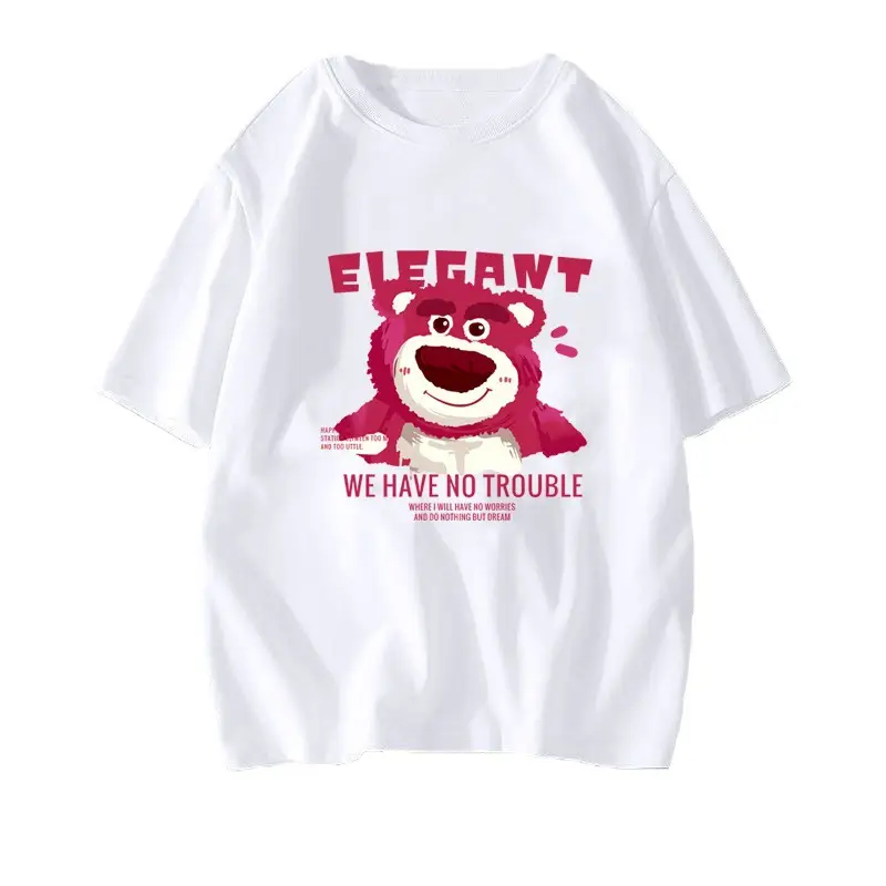 White Korean Style Short Sleeve T-Shirt with Cute Bear Print - Image 17