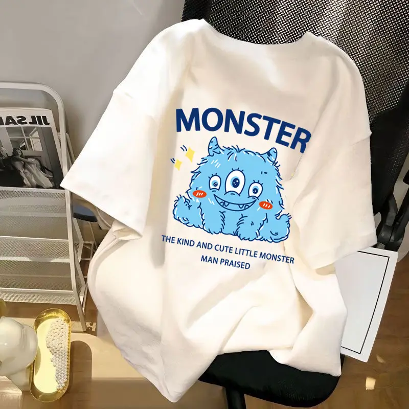 White Korean Style Short Sleeve T-Shirt with Cute Bear Print — feature 17