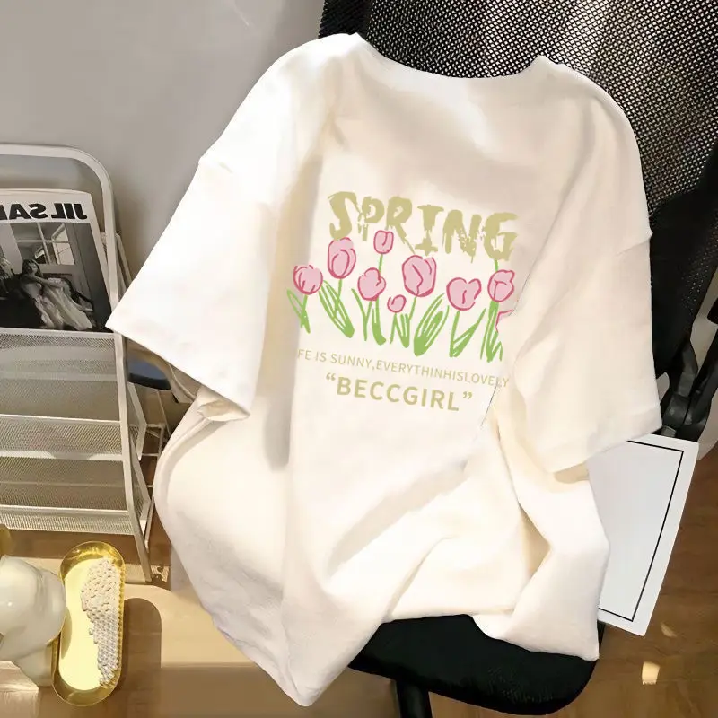 White Korean Style Short Sleeve T-Shirt with Cute Bear Print - Image 9