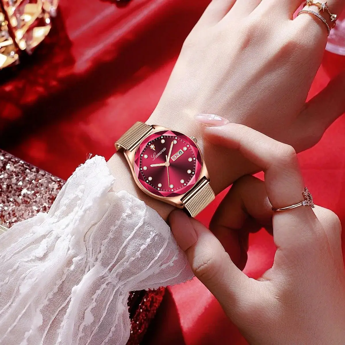 Women's Ultra-Thin Quartz Watch with Red Dial - Image 8