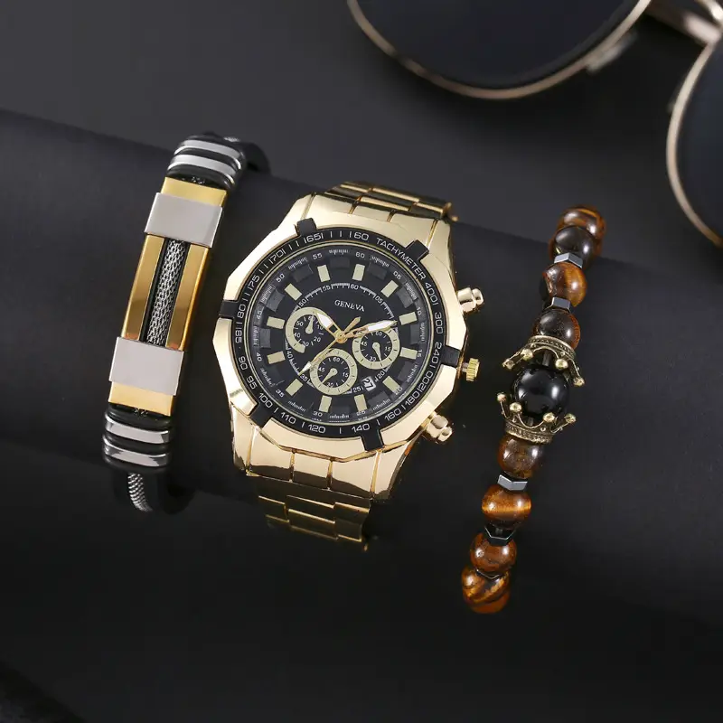 Men's Gold 3-Step Quartz Watch with Bracelet Set - Image 5