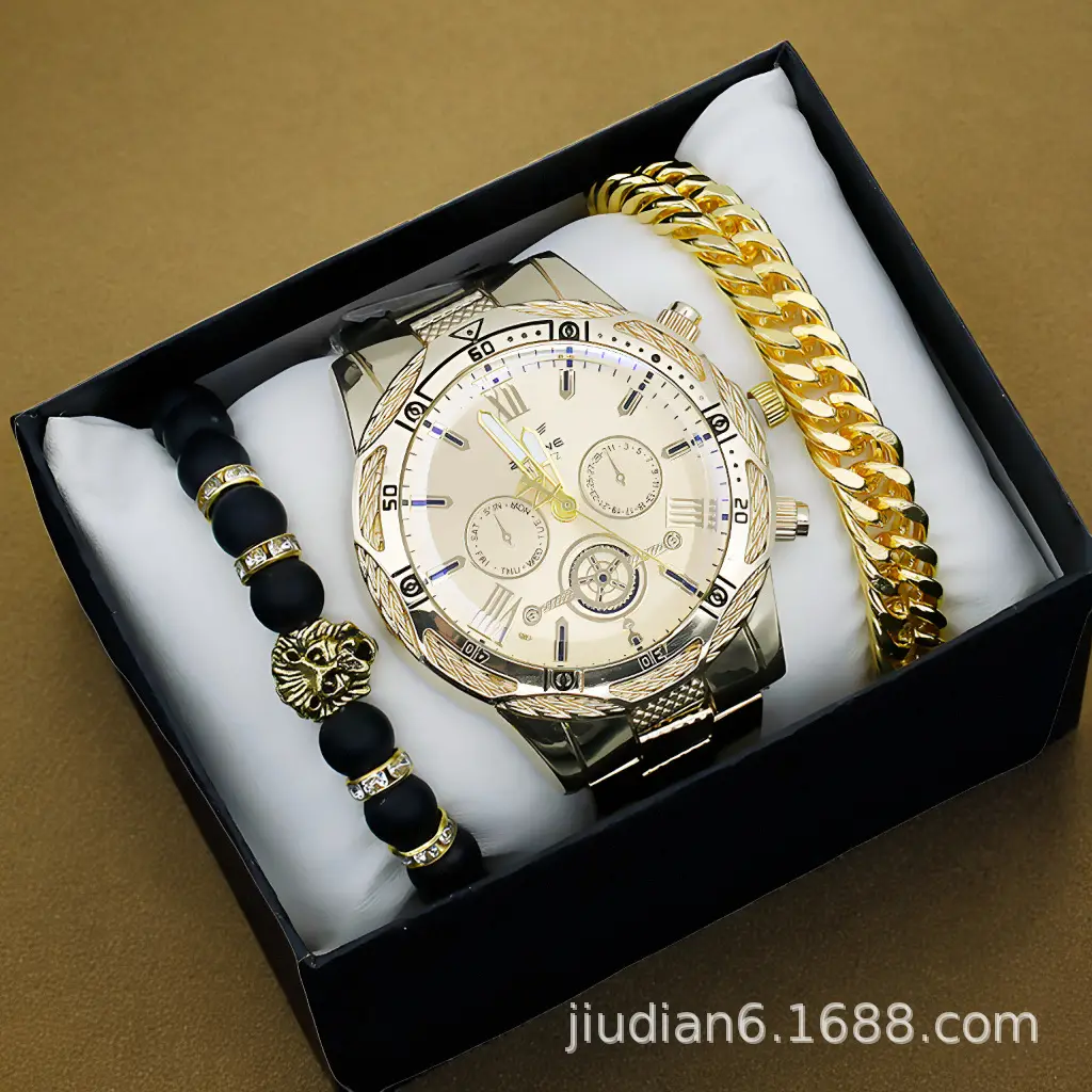 Men's Gold 3-Step Quartz Watch with Bracelet Set — feature 22
