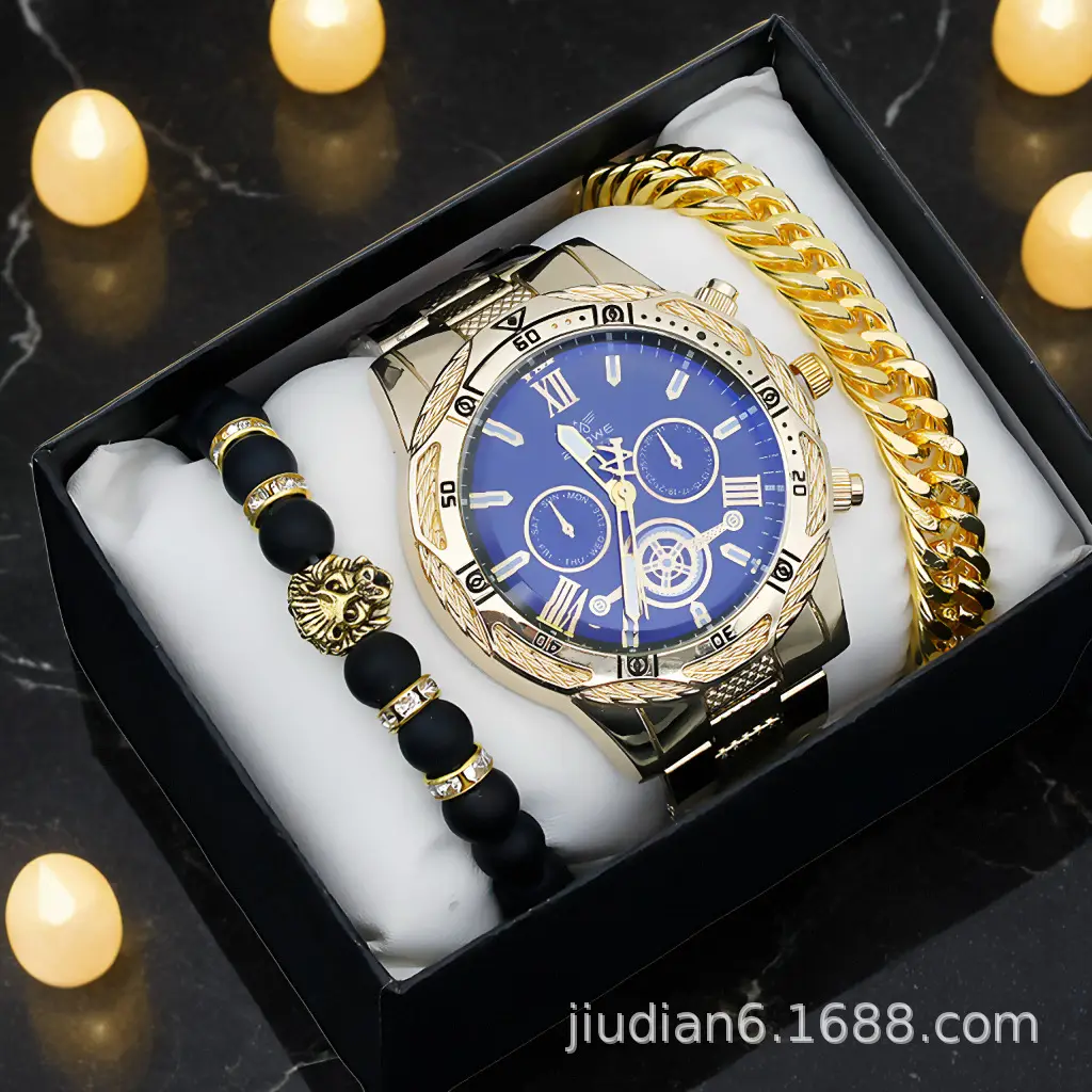 Men's Gold 3-Step Quartz Watch with Bracelet Set — feature 20