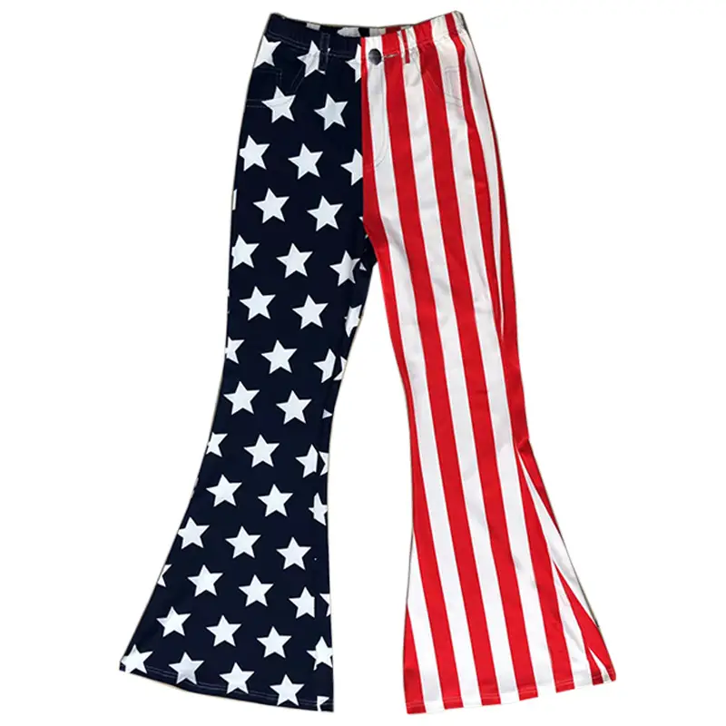 American Flag Denim Knitted Flare Pants High Waist Long - Image 2