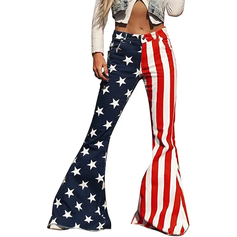 American Flag Denim Knitted Flare Pants High Waist Long - Image 5