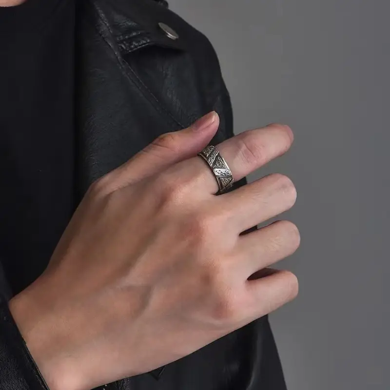 Thai Silver Ring with Golden Embroidery for Men Women - Image 3
