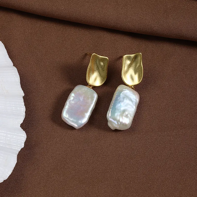 Square Pearl Earrings Gold Plated S925 Sterling Silver - Image 3