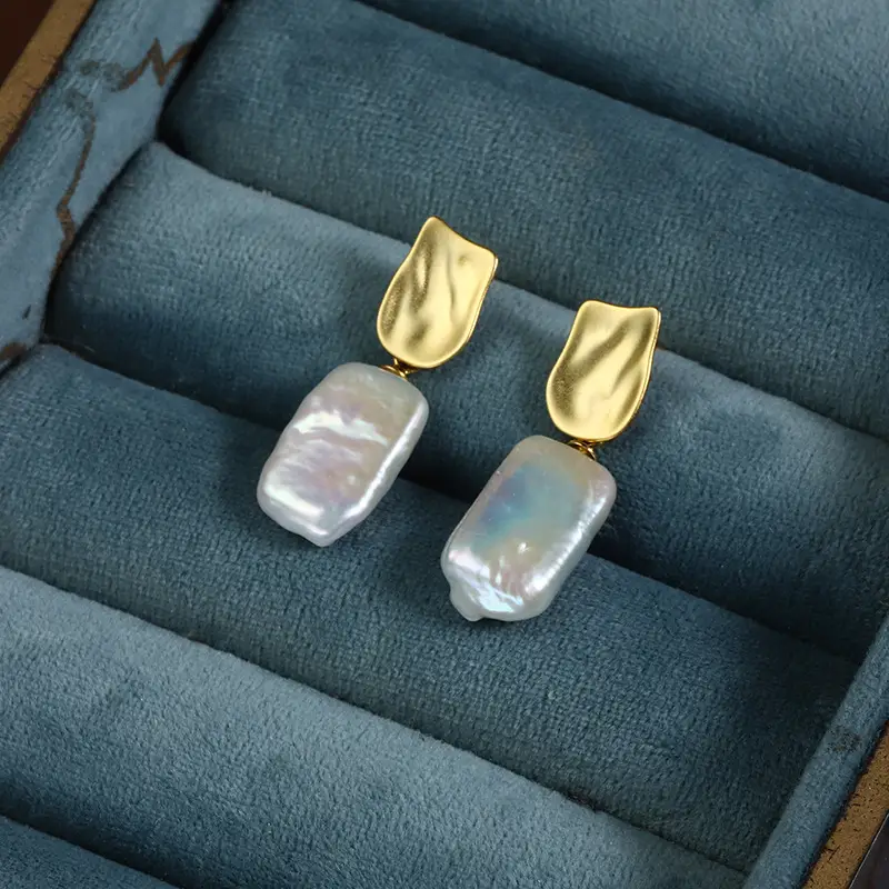 Square Pearl Earrings Gold Plated S925 Sterling Silver - Image 5