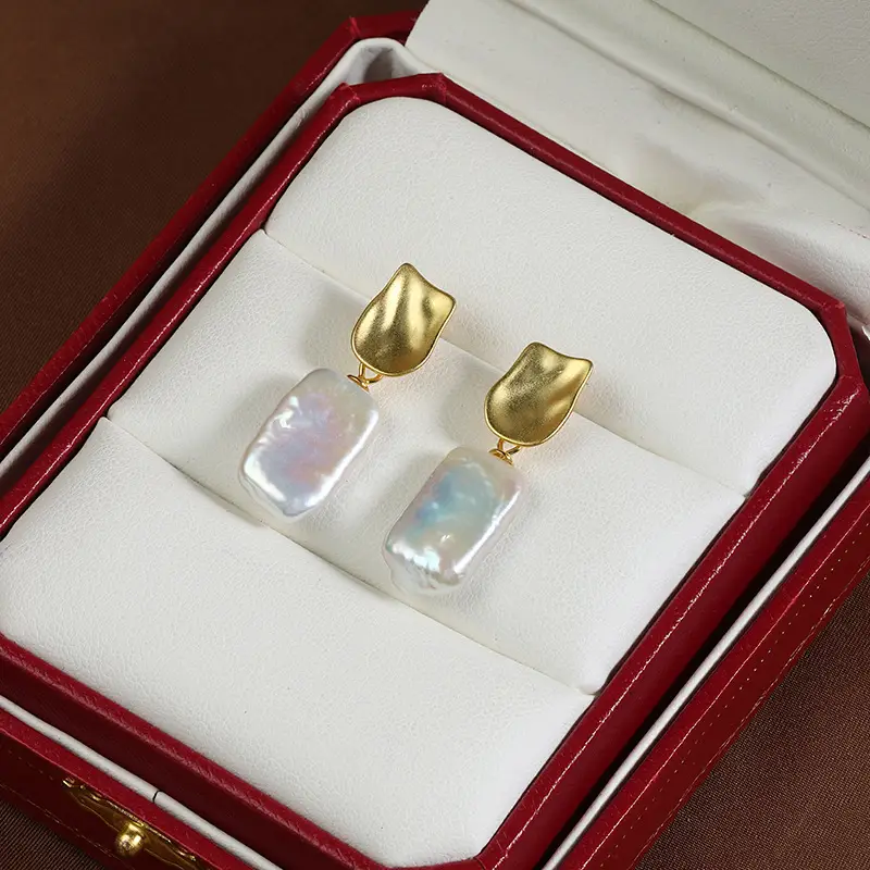 Square Pearl Earrings Gold Plated S925 Sterling Silver - Image 6