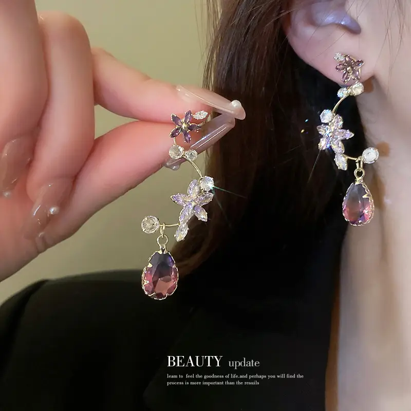 Silver Needle Light Luxury Gradient Purple Zircon Water Drop Flower Butterfly Tassel Earrings Korean Elegant Earrings Fashion Earrings - Image 54