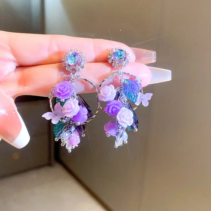 Silver Needle Light Luxury Gradient Purple Zircon Water Drop Flower Butterfly Tassel Earrings Korean Elegant Earrings Fashion Earrings - Image 10