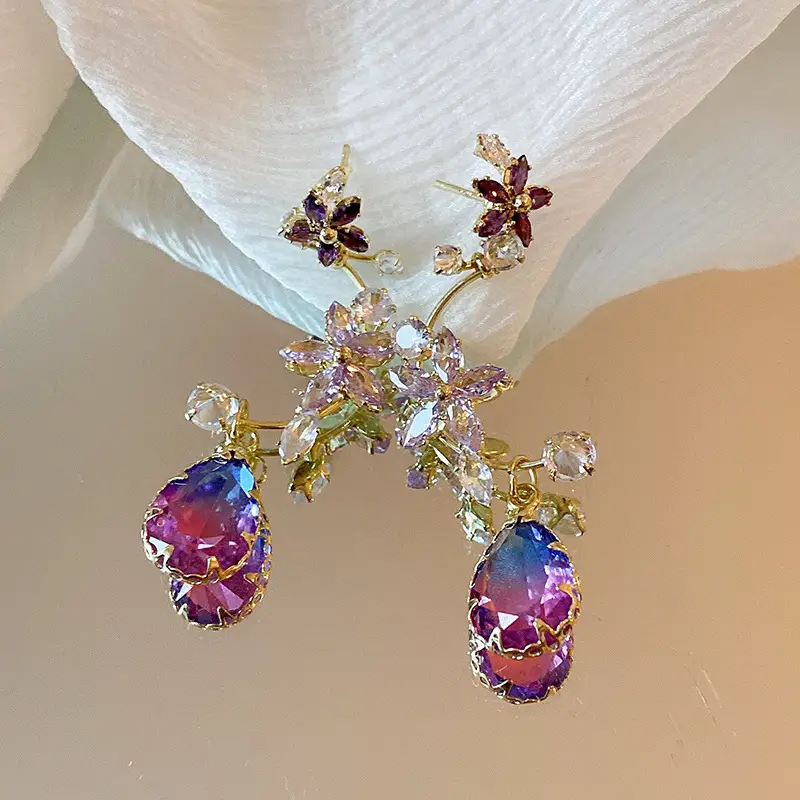 Silver Needle Light Luxury Gradient Purple Zircon Water Drop Flower Butterfly Tassel Earrings Korean Elegant Earrings Fashion Earrings - Image 2