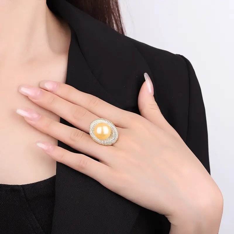 Women's Gold Pearl Ring with Diamond Set Adjustable