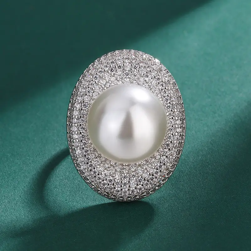 Women's Gold Pearl Ring with Diamond Set Adjustable