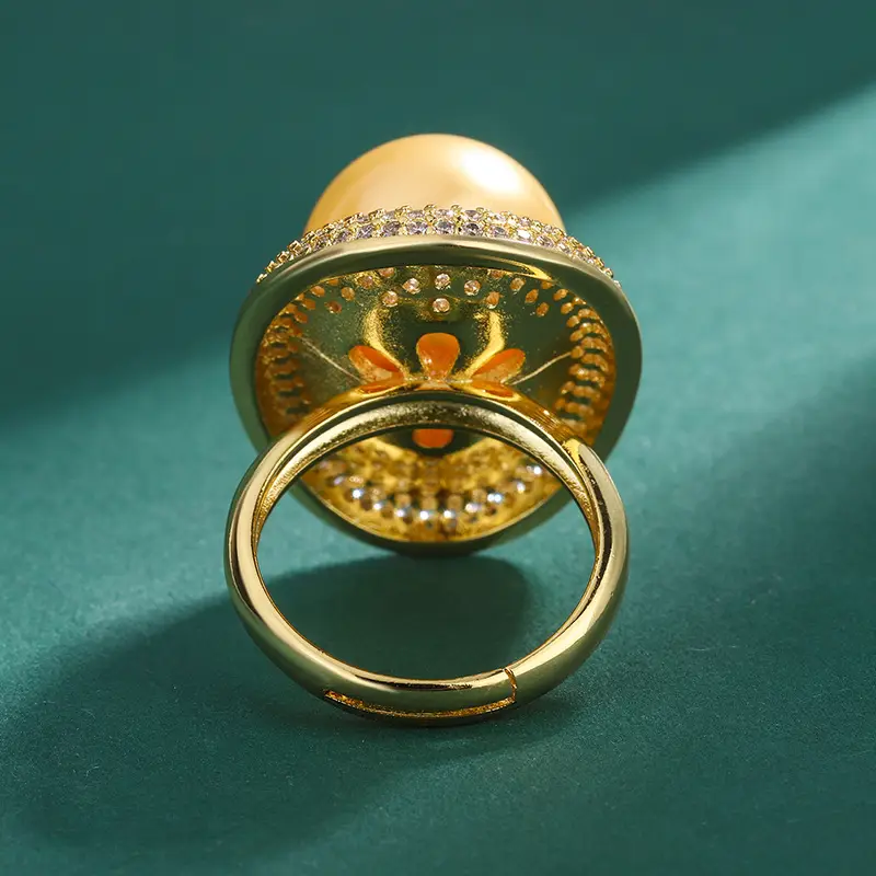 Women's Gold Pearl Ring with Diamond Set Adjustable