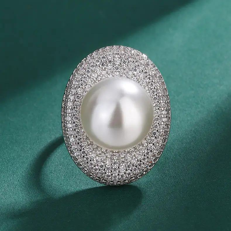 Women's Gold Pearl Ring with Diamond Set Adjustable — feature 3