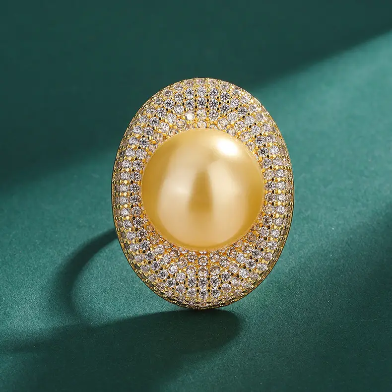 Women's Gold Pearl Ring with Diamond Set Adjustable — feature 4