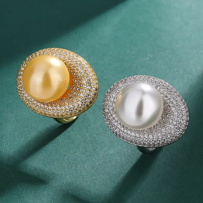 Women's Gold Pearl Ring with Diamond Set Adjustable — feature 5