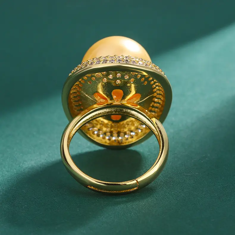 Women's Gold Pearl Ring with Diamond Set Adjustable — feature 6