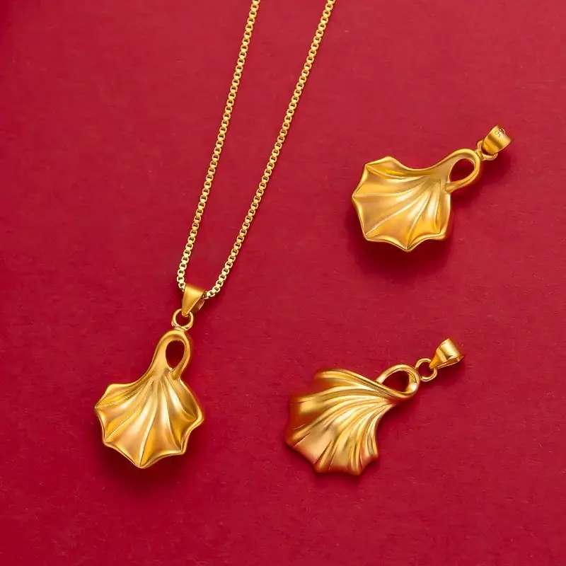 Vietnam Gold Necklace Ginkgo Leaf Pendant Brass - Image 7