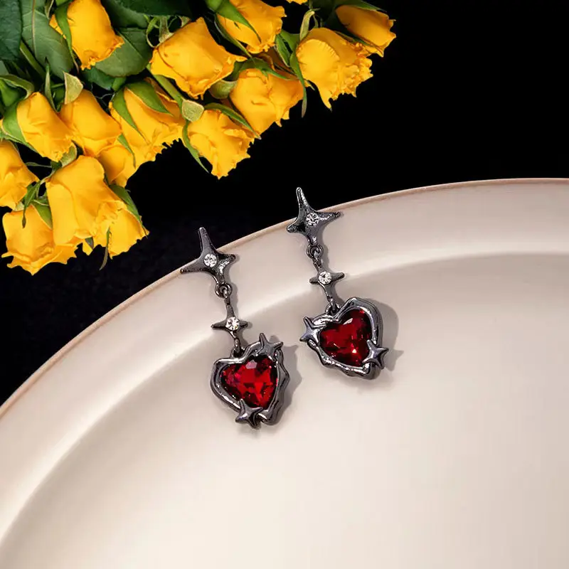 Silver Heart & Star Earrings with Red Stone Accents - Image 4